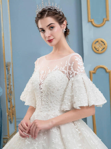 Ball Gown Lace Beaded Wedding Dresses Long Sleeveless Floor Length