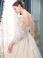 Vestidos de noiva em linha A/sereia com renda e decote em V, manga comprida, comprimento até ao chão 