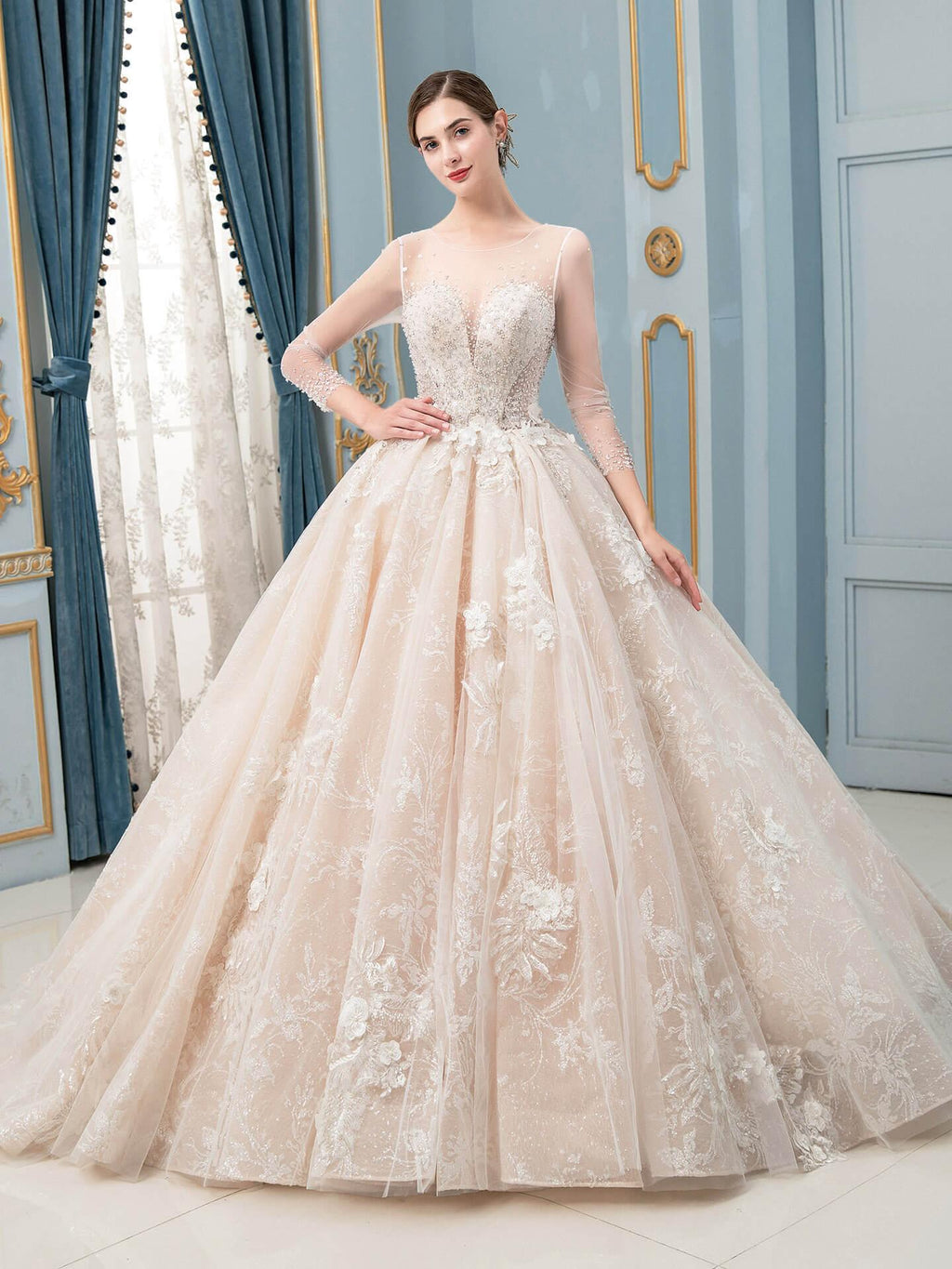 Ball Gown Wedding Dresses Beaded Luxurious Floor Length Long Sleeve