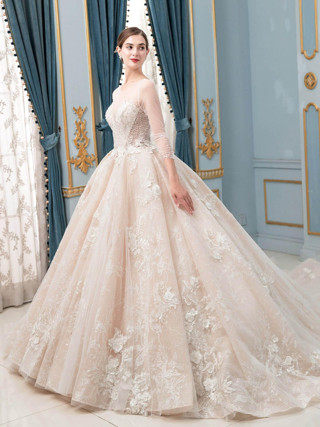 Ball Gown Wedding Dresses Beaded Luxurious Floor Length Long Sleeve