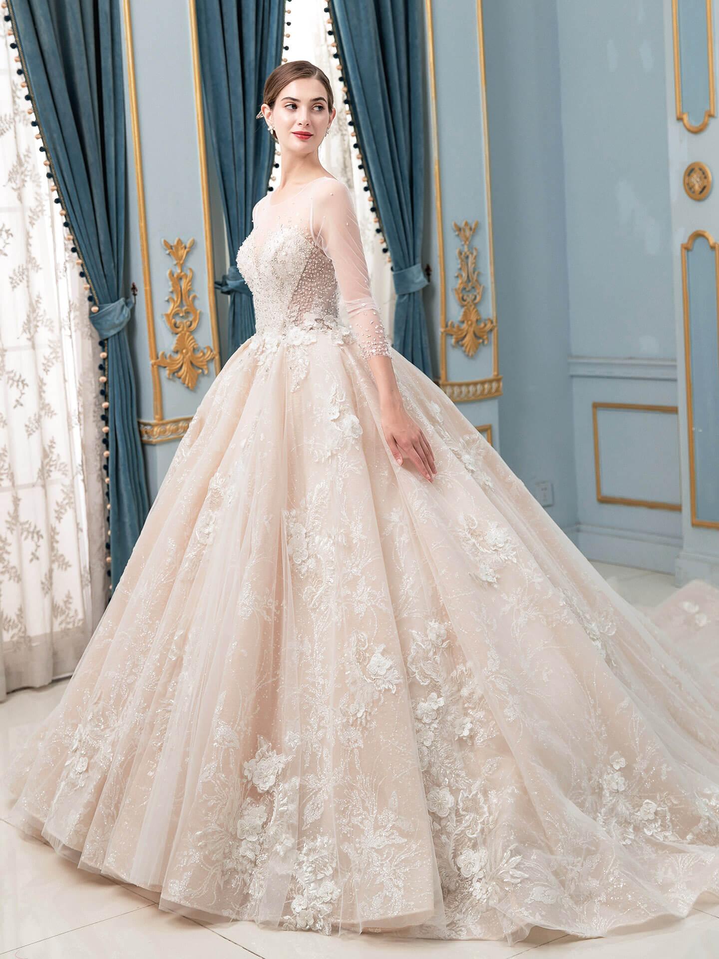 Ball Gown Wedding Dresses Beaded Luxurious Floor Length Long Sleeve