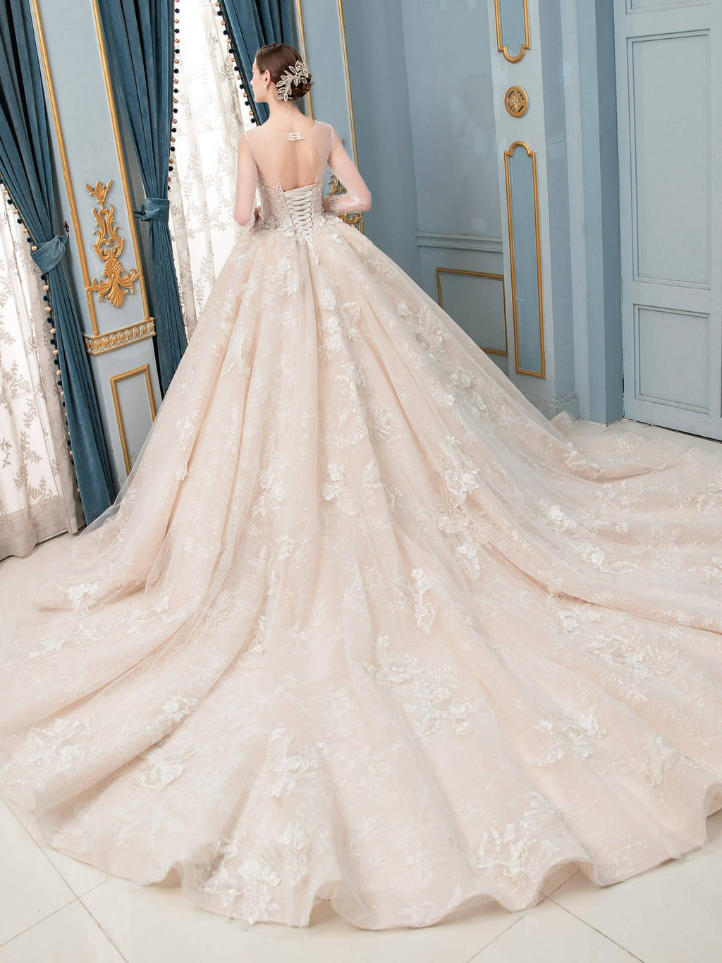 Ball Gown Wedding Dresses Beaded Luxurious Floor Length Long Sleeve