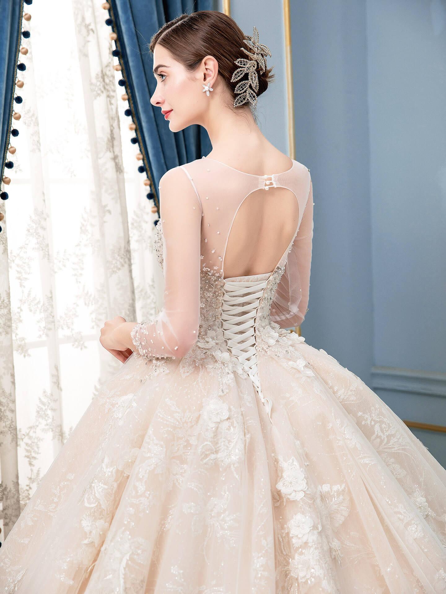 Ball Gown Wedding Dresses Beaded Luxurious Floor Length Long Sleeve