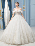 Robes de mariée à traîne perle luxueuses longueur sol sans manches courtes épaules dénudées