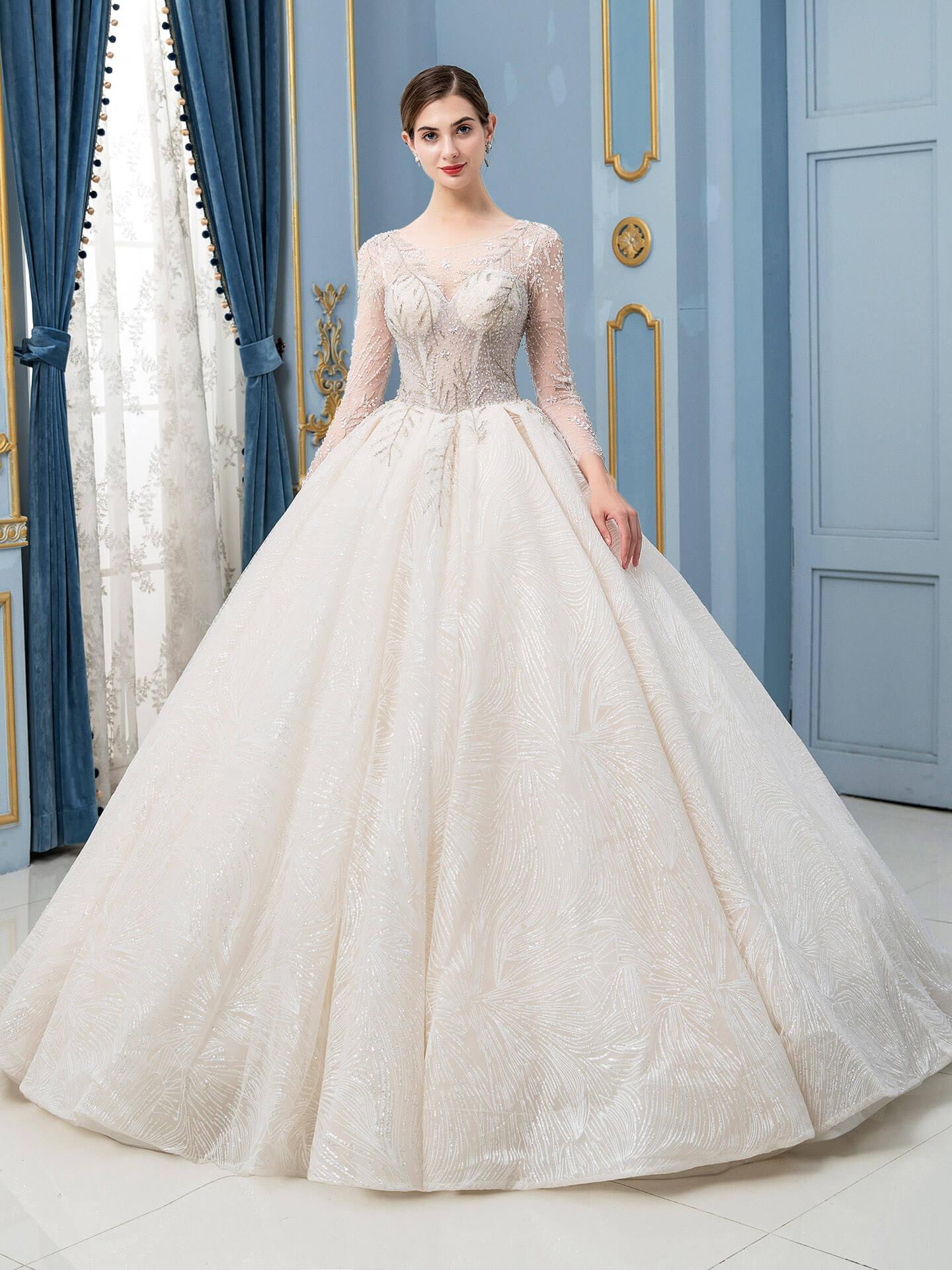 Ball Gown Wedding Dresses Beaded Luxurious Floor Length Long Sleeve