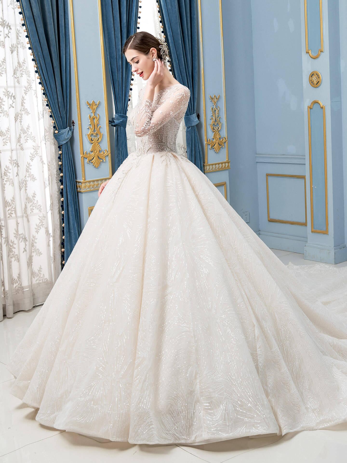 Ball Gown Wedding Dresses Beaded Luxurious Floor Length Long Sleeve