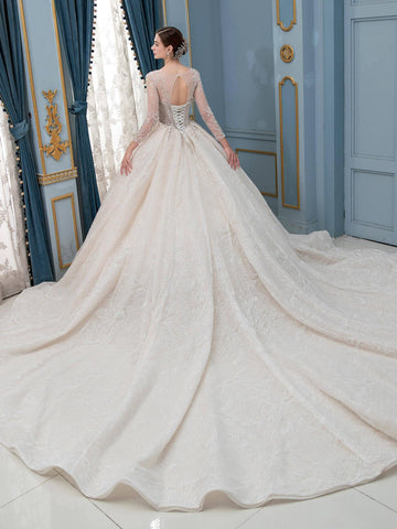 Ball Gown Wedding Dresses Beaded Luxurious Floor Length Long Sleeve