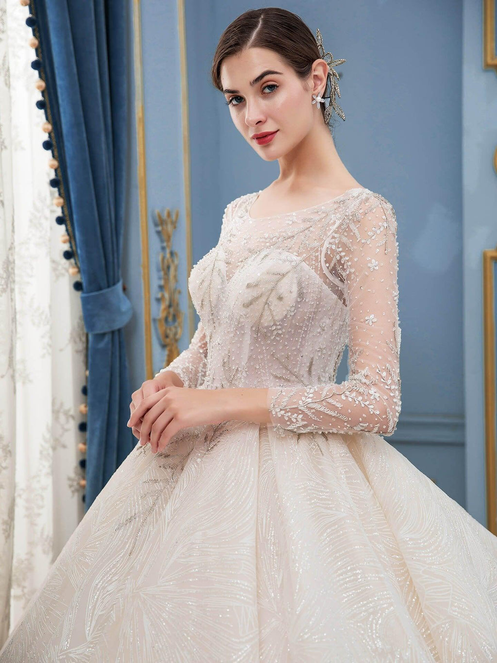 Ball Gown Wedding Dresses Beaded Luxurious Floor Length Long Sleeve