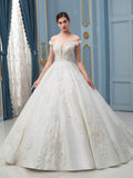 Abiti da Sposa a Ballo con Applique di Pizzo, Perline, Spalline Scoperte Lusso, Lunghezza Pavimento e Strascico Lungo