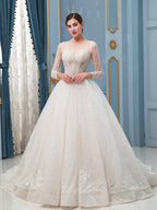 Numbersea A-line Lace Beaded Wedding Dresses Long Sleeve Floor Length With Long Train