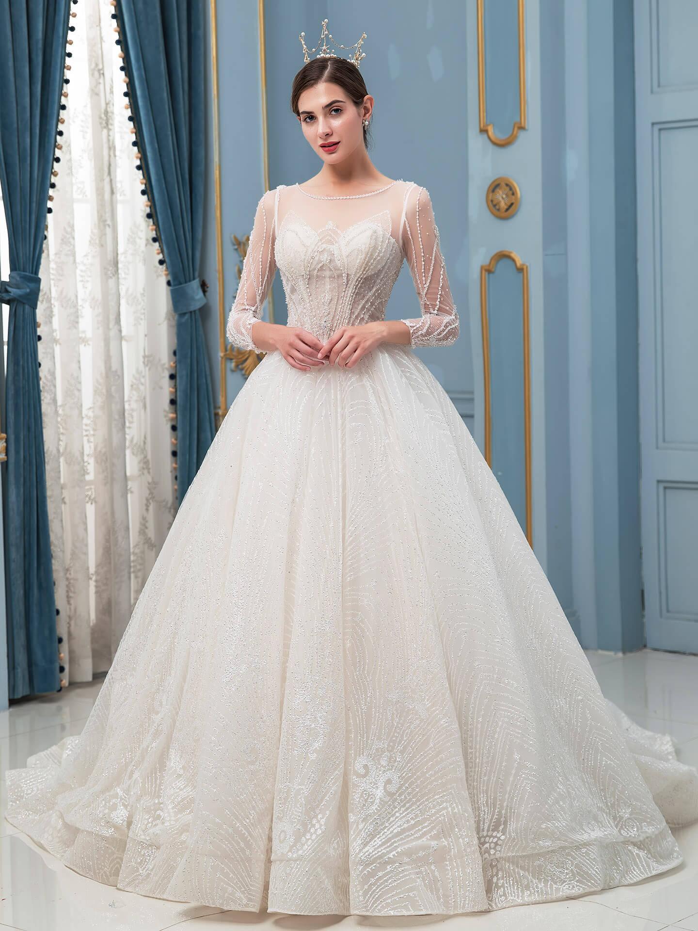 Numbersea A-line Lace Beaded Wedding Dresses Long Sleeve Floor Length With Long Train