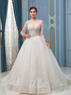 Numbersea A-line Lace Beaded Wedding Dresses Long Sleeve Floor Length With Long Train
