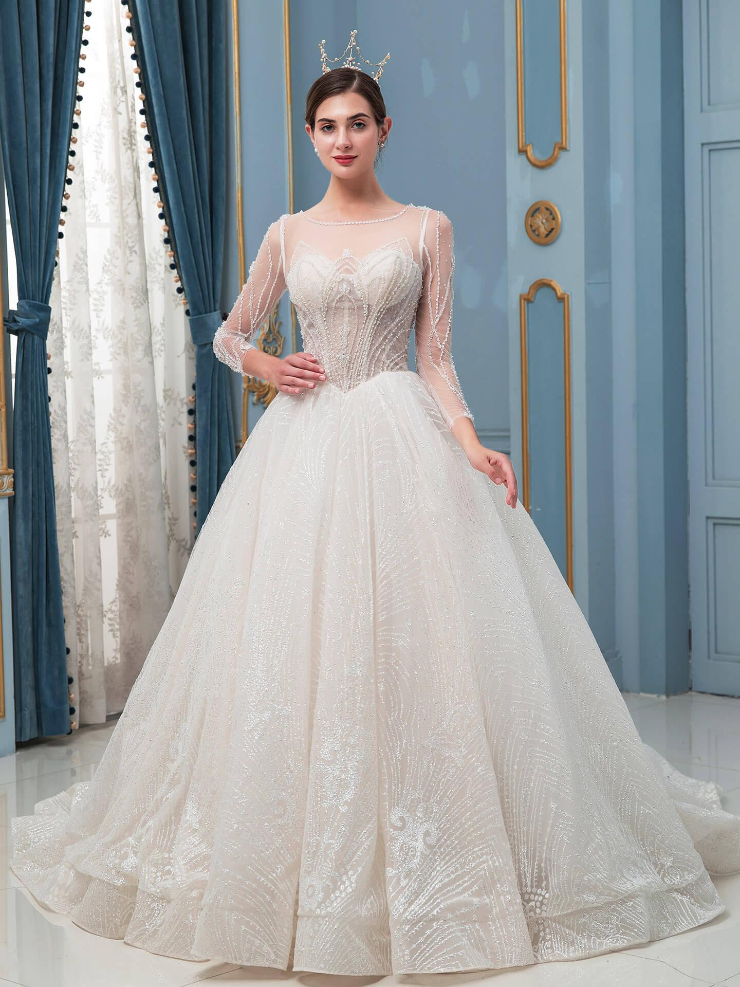 Numbersea A-line Lace Beaded Wedding Dresses Long Sleeve Floor Length With Long Train