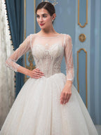 Numbersea A-line Lace Beaded Wedding Dresses Long Sleeve Floor Length With Long Train