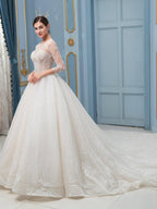Numbersea A-line Lace Beaded Wedding Dresses Long Sleeve Floor Length With Long Train