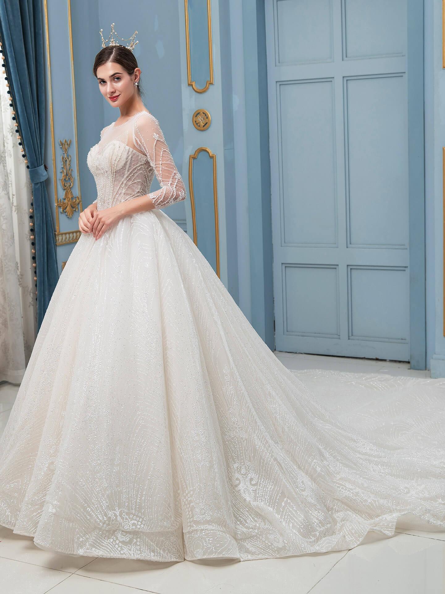Numbersea A-line Lace Beaded Wedding Dresses Long Sleeve Floor Length With Long Train
