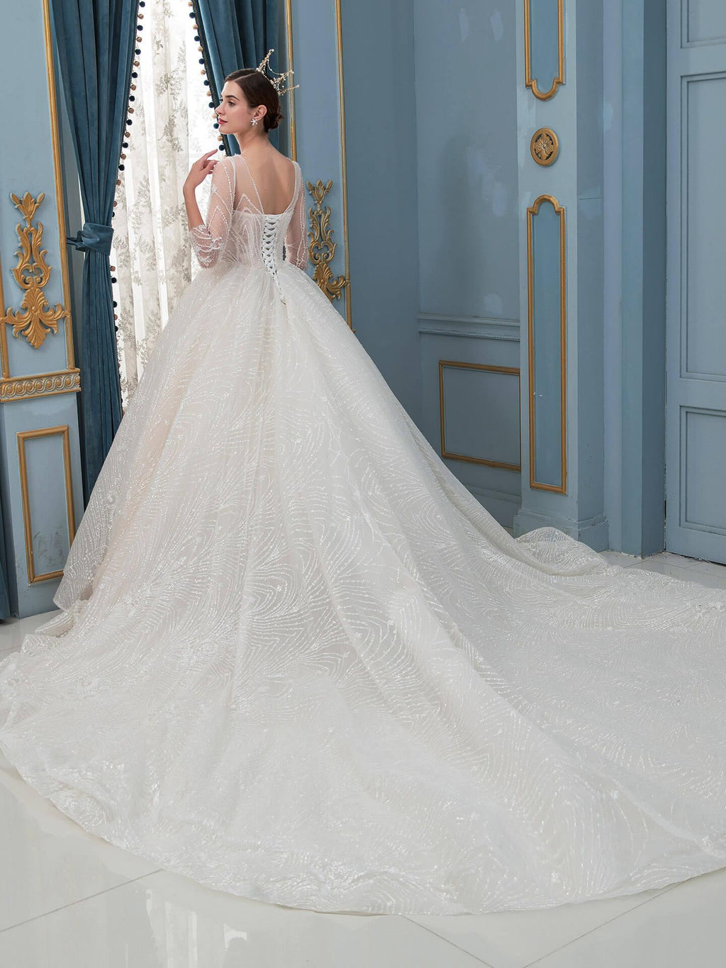 Numbersea A-line Lace Beaded Wedding Dresses Long Sleeve Floor Length With Long Train