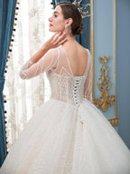 Numbersea A-line Lace Beaded Wedding Dresses Long Sleeve Floor Length With Long Train
