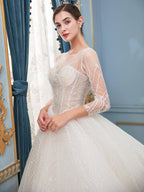 Numbersea A-line Lace Beaded Wedding Dresses Long Sleeve Floor Length With Long Train