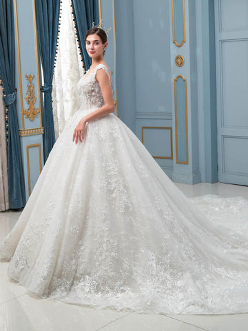Ballkleid Brautkleider Handgefertigte Perlen Luxuriöse Bodenlange Ärmellose Lange Schleppe 