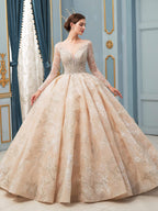 Ball Gown Wedding Dresses Handmade Beaded Luxurious Floor Length Long Sleeve With Long Train