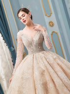 Ball Gown Wedding Dresses Handmade Beaded Luxurious Floor Length Long Sleeve With Long Train