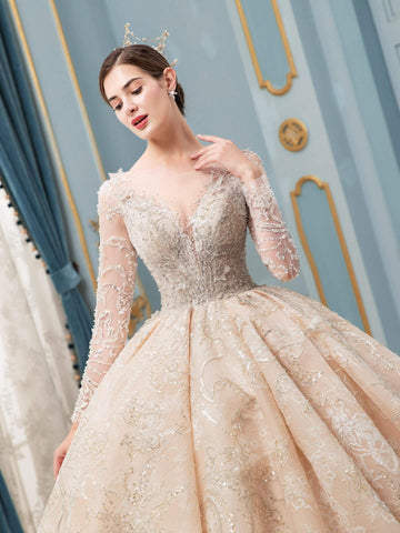 Ballkleid Brautkleider Handgefertigte Perlen Luxuriöse Bodenlange Langarm Mit Langer Schleppe 