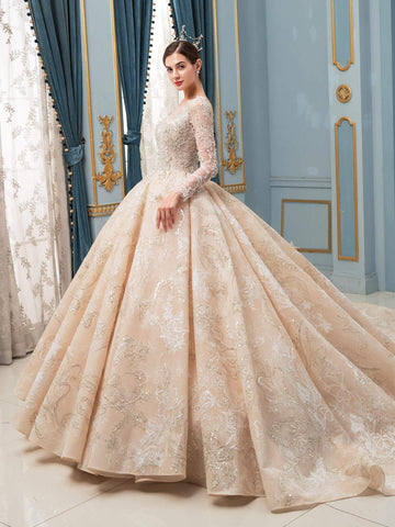 Ballkleid Brautkleider Handgefertigte Perlen Luxuriöse Bodenlange Langarm Mit Langer Schleppe 