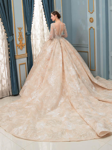 Ballkleid Brautkleider Handgefertigte Perlen Luxuriöse Bodenlange Langarm Mit Langer Schleppe 