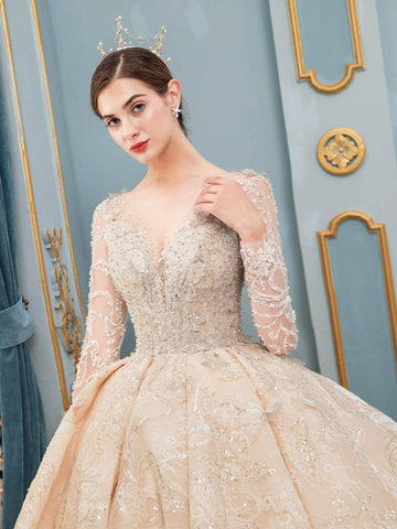 Ballkleid Brautkleider Handgefertigte Perlen Luxuriöse Bodenlange Langarm Mit Langer Schleppe 