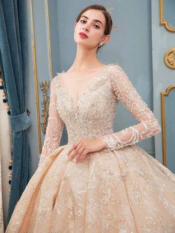 Ballkleid Brautkleider Handgefertigte Perlen Luxuriöse Bodenlange Langarm Mit Langer Schleppe 