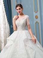Ball Gown Wedding Dresses Handmade Beaded Luxurious Floor Length Short Sleeve With Long Train