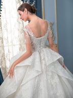 Ball Gown Wedding Dresses Handmade Beaded Luxurious Floor Length Short Sleeve With Long Train