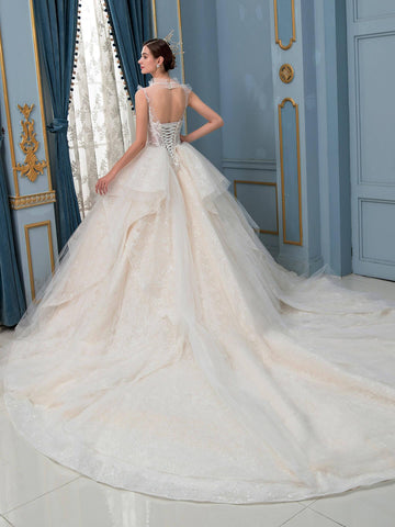 Ball Gown Wedding Dresses Handmade Beaded Luxurious Floor Length Sleeveless With Long Train