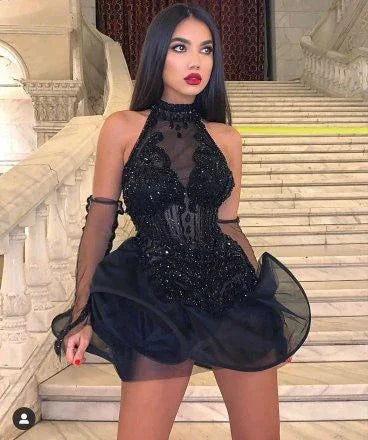 فستان حفل التخرج القصير من الشيفون الأسود للعودة إلى المنزل Y4114