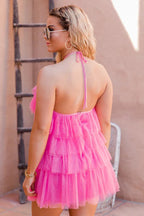 Vestido Halter com Sobreposição de Malha Sem Costas e Bainha em Camadas Cor-de-Rosa para Baile de Finalistas Y2569