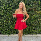 Trägerloses Rotes Rüschenkleid A-Linie Abschlussballkleid Mini Ballkleid Y8004