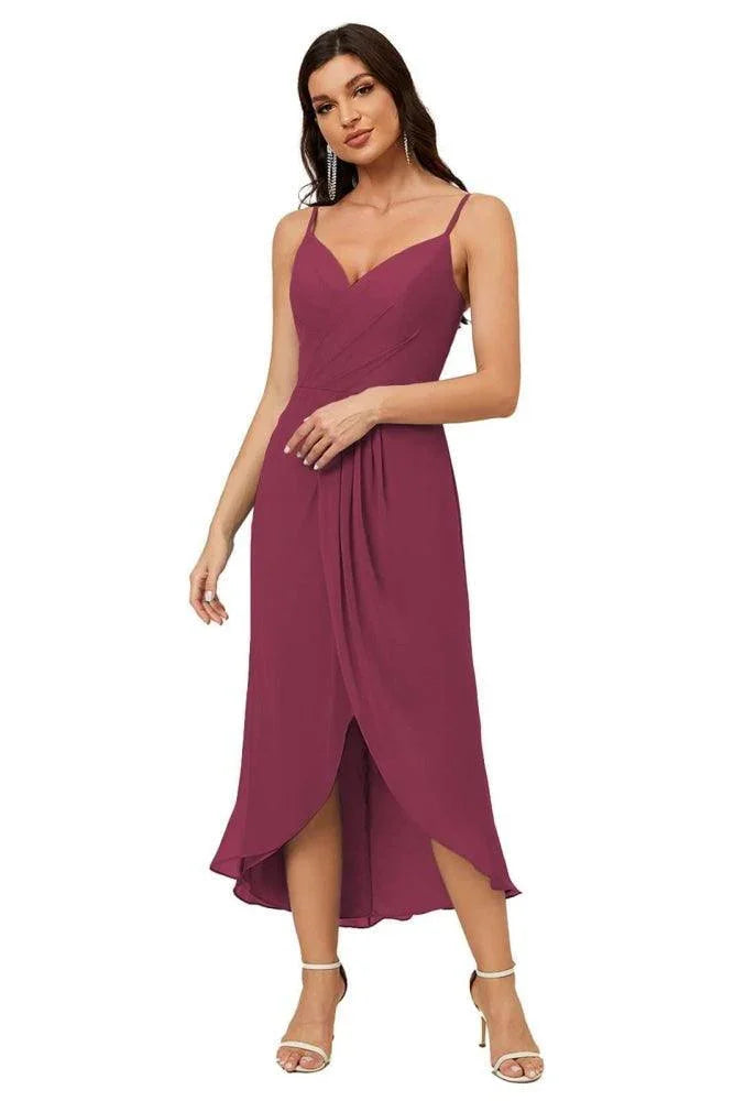 Numbersea Spaghetti-Träger Chiffon V-Ausschnitt Brautjungfernkleid Mittellanger Schlitz Formelles Abschlussballkleid Homecoming-Kleid 2803