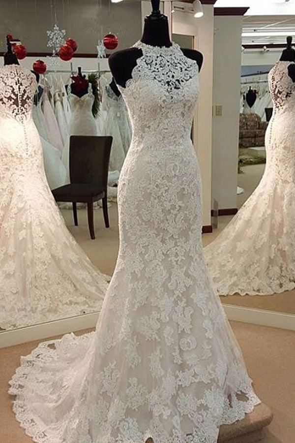 Juwelenausschnitt Meerjungfrau-Spitzenapplikation Ärmelloses Brautkleid