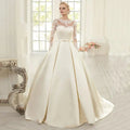 Abito da Sposa in Satin con Tasche, Scollo a O, Maniche Lunghe e Pizzo Arabo