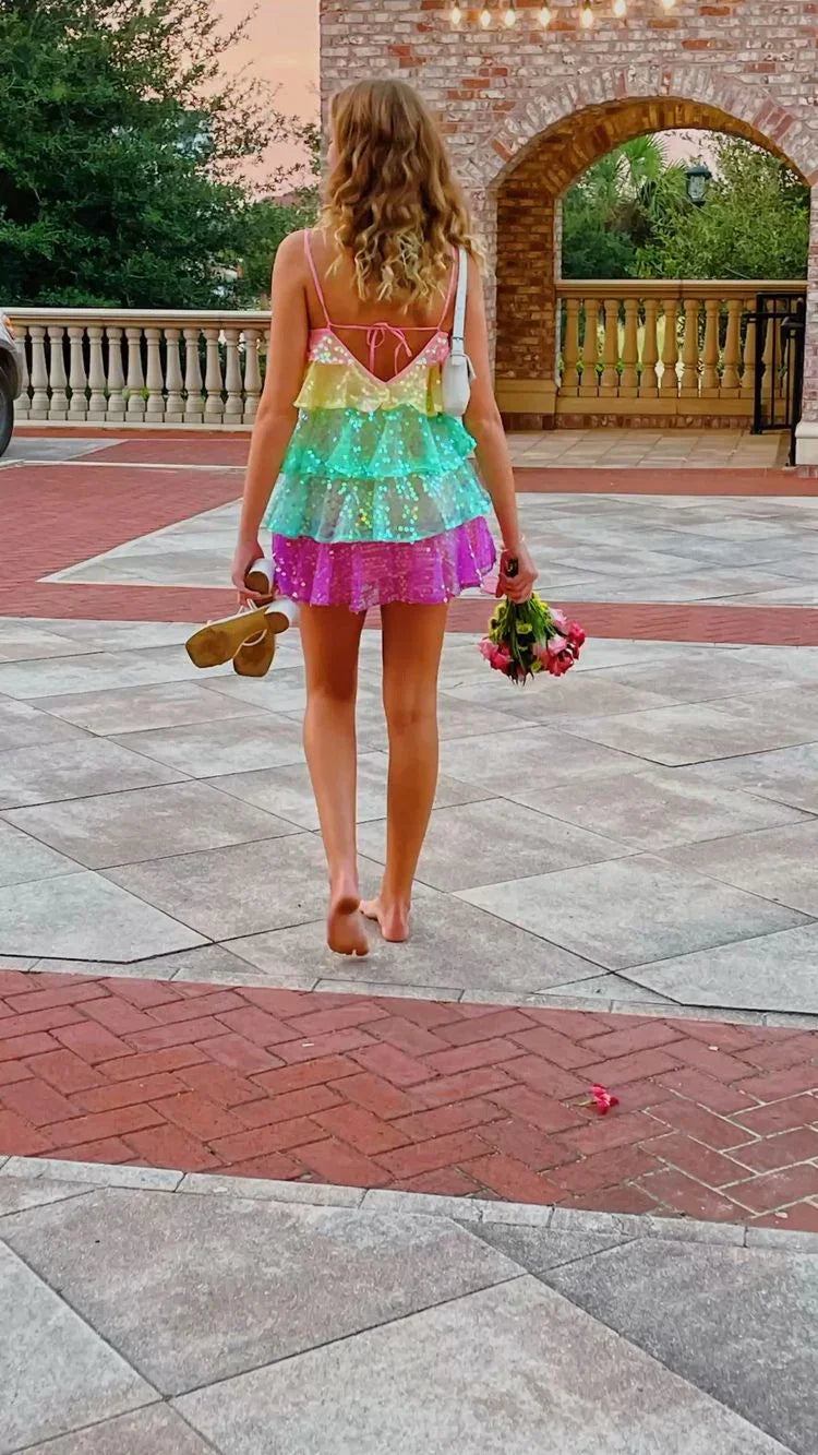 Vestido Brilhante de Lantejoulas para Mulher, Sem Mangas, Com Rendas Arco-Íris em Camadas, para Festas ou Noites no Clube Y2475