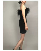 Womens Feather Off Shoulder Bandage Dresses Side Split Cocktail Party Bodycon Dress Black Short Homecoming Dress Y1356