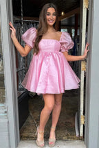 Vestido de Baile de Gala Decote Quadrado Mangas Balão Cor-de-Rosa Linha A Y2434