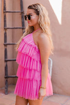 Vestido Halter com Sobreposição de Malha Sem Costas e Bainha em Camadas Cor-de-Rosa para Baile de Finalistas Y2569