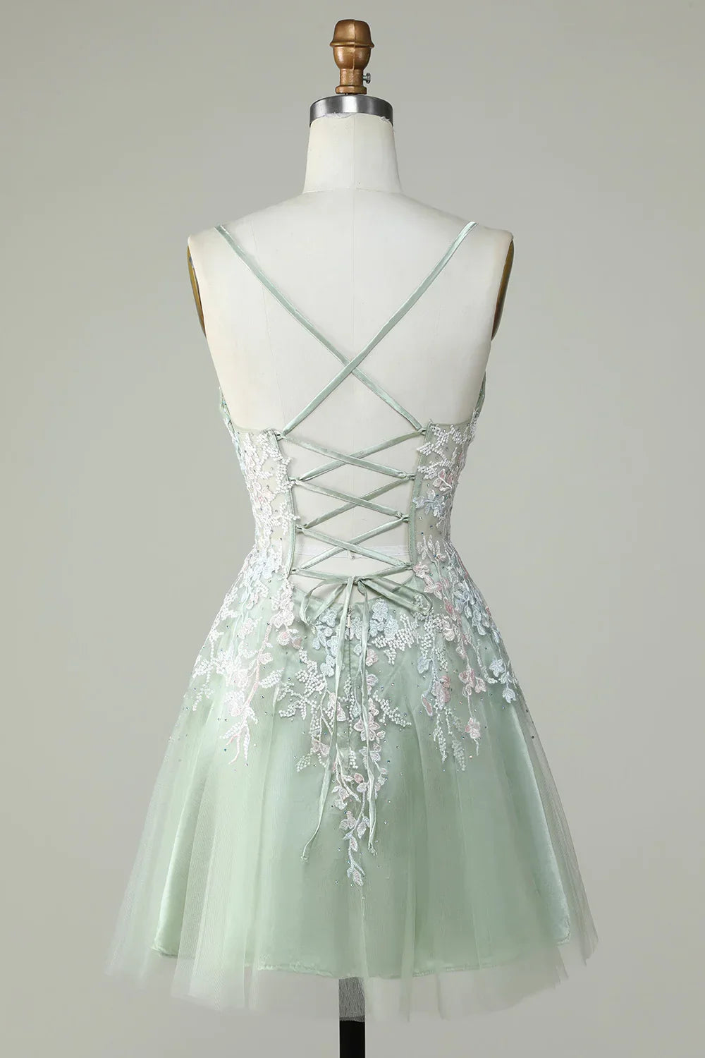 Dusty Sage Spaghetti-Träger Homecoming-Kleid mit Kreuzrücken Y2925