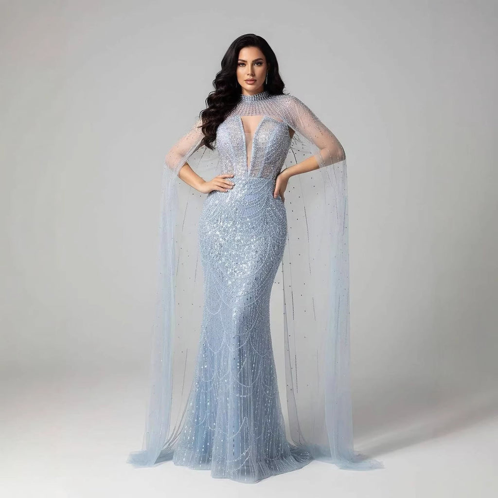 Abito da Sera di Lusso Perle Nude Abito Ricamato con Cristalli e Strascico in Tulle LA72189A