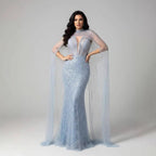 Abito da Sera di Lusso Perle Nude Abito Ricamato con Cristalli e Strascico in Tulle LA72189A