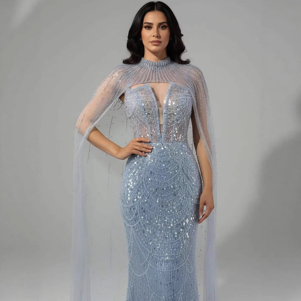 Abito da Sera di Lusso Perle Nude Abito Ricamato con Cristalli e Strascico in Tulle LA72189A