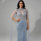 Abito da Sera di Lusso Perle Nude Abito Ricamato con Cristalli e Strascico in Tulle LA72189A