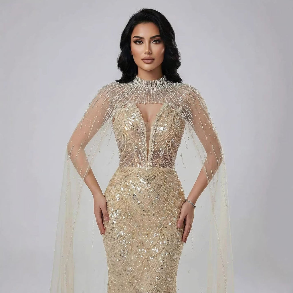 Abito da Sera di Lusso Perle Nude Abito Ricamato con Cristalli e Strascico in Tulle LA72189A